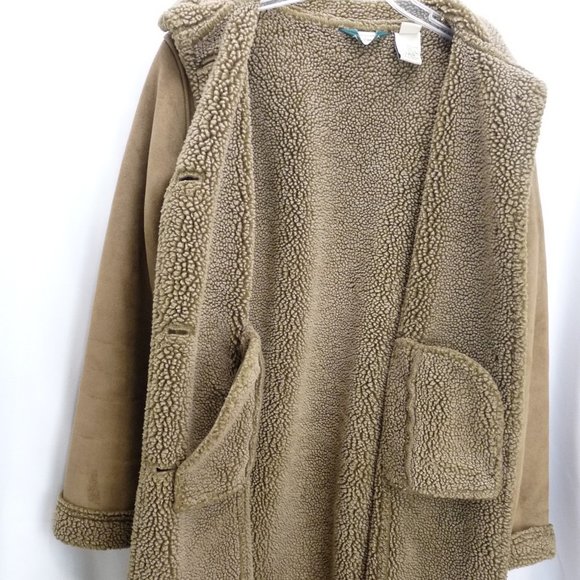 LL Bean Womens Jacket Coat Faux Suede Sherpa Lined Brown Pockets Warm Medium - Picture 7 of 13